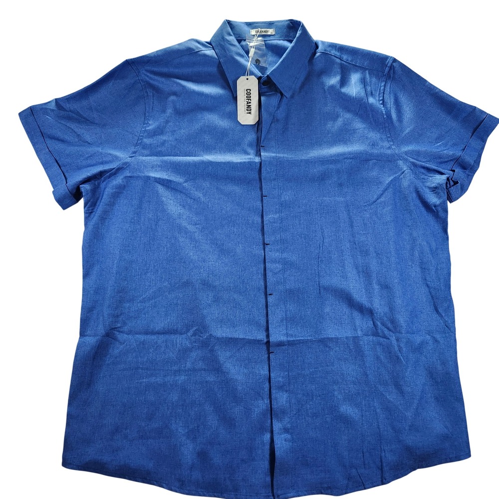 COOFANDY Button Down Shirt Men 2XL Blue New Short Sleeve Textured Hidden Placket - Picture 5 of 11